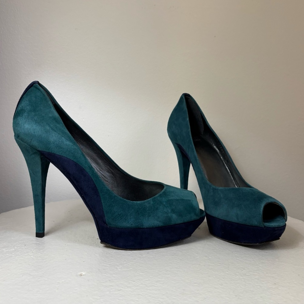 stuart weitzman blue suede platform peep-toe pumps